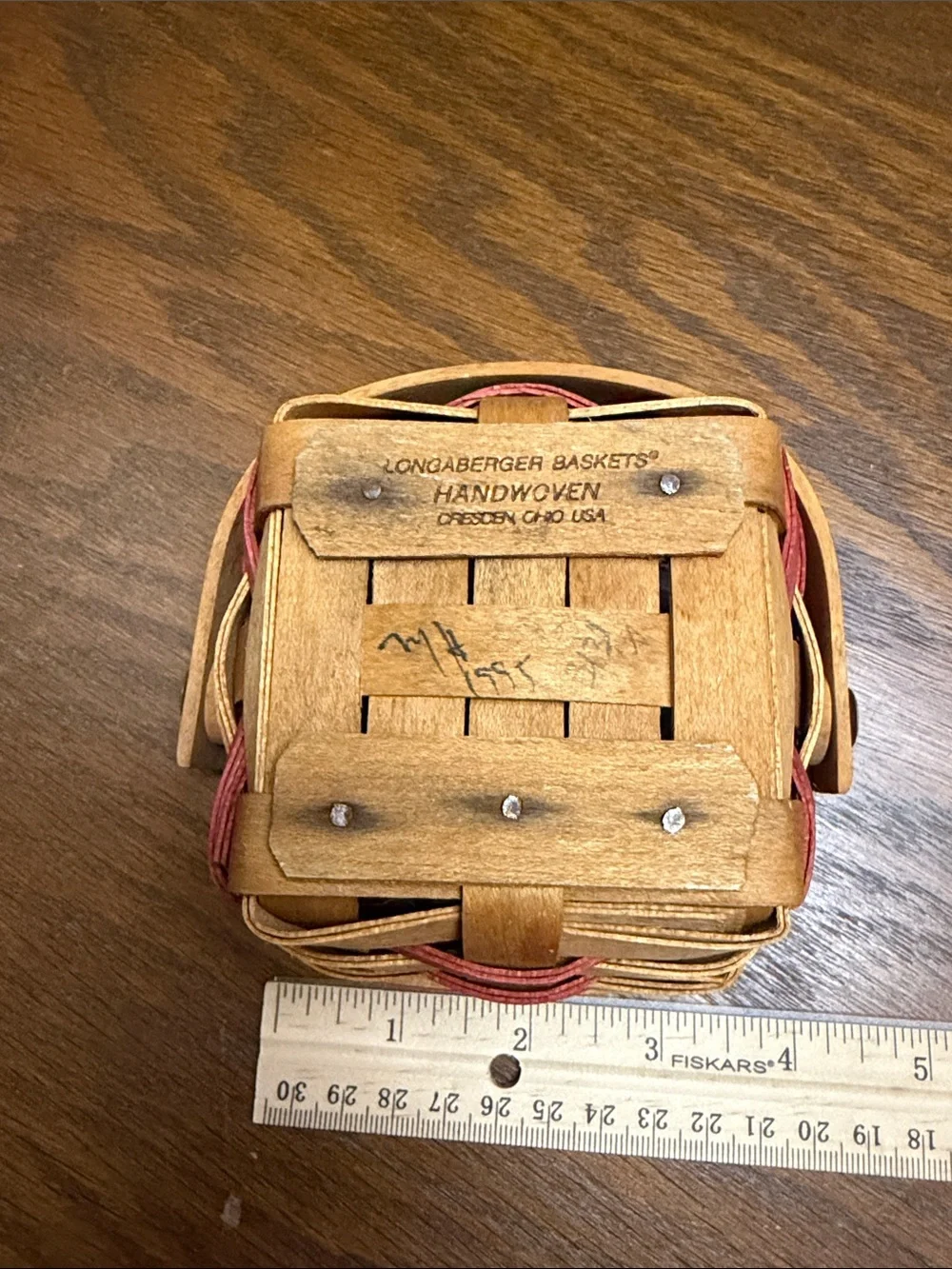 Handwoven Small Longaberger Basket with Handle - Natural Wood and Red Accent